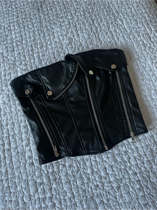 Tops - Black Faux Leather Corset Crop Top - Unbranded